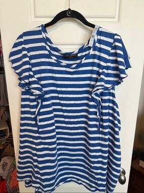 Lane Bryant Blue & White Striped Ruffle-Sleeve Tee